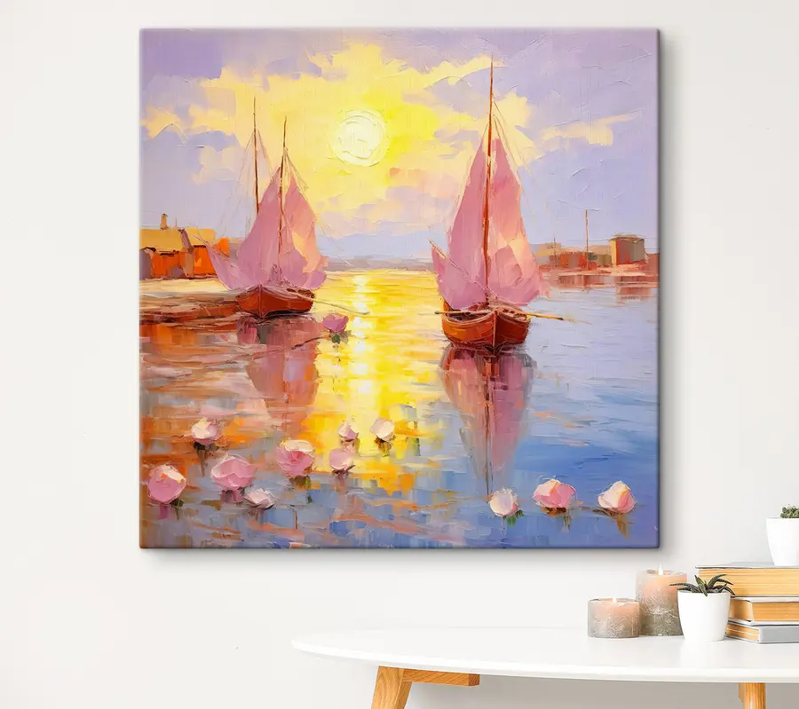  Peintures Coucher de soleil serein avec des voiliers s37881