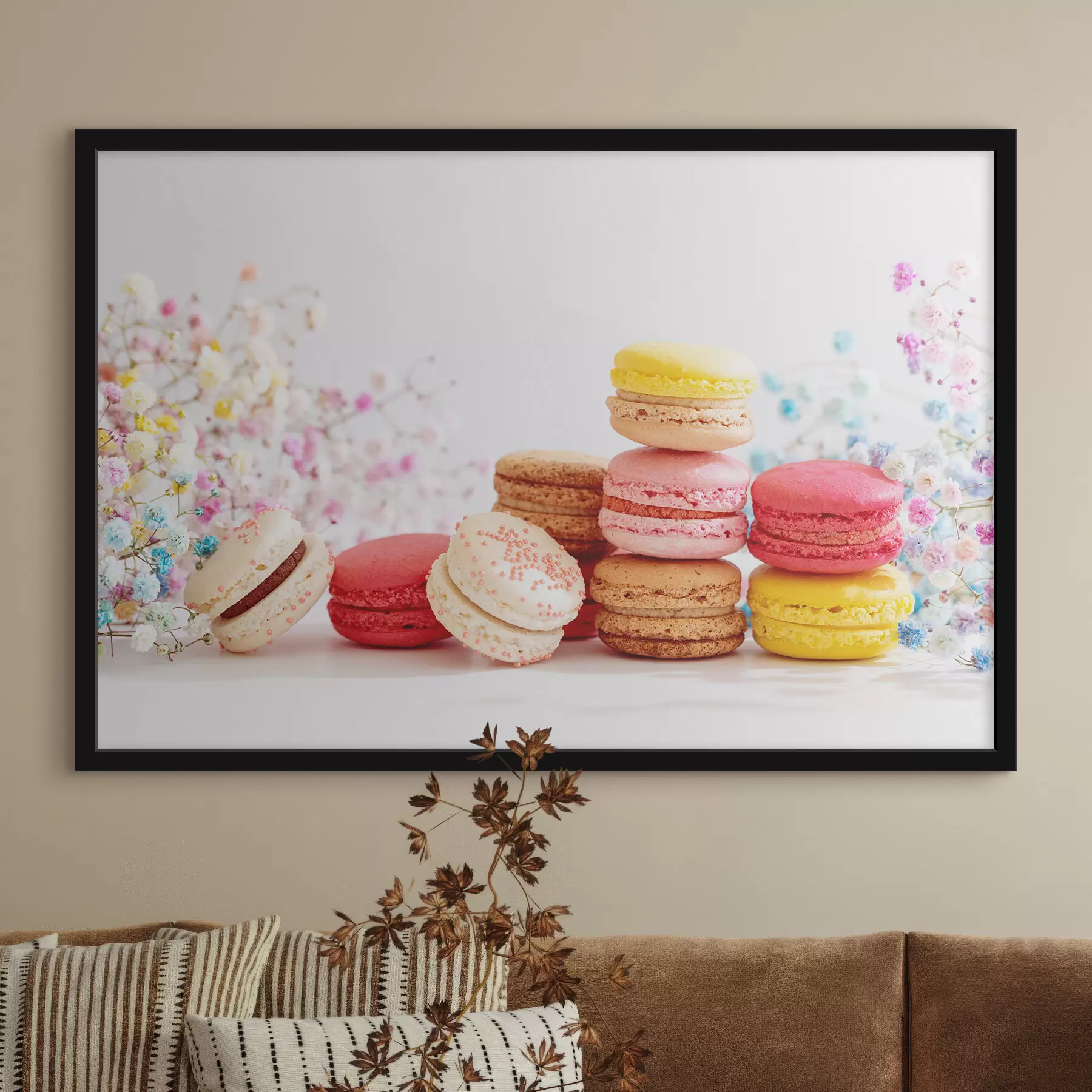  Peintures Macarons colorés parmi des fleurs délicates f37757