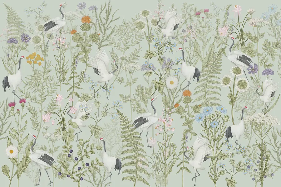 Fotobehang Bloemen ornament met vogels, rustieke stijl, botanisch, weide, blauwe achtergrond w00380v4