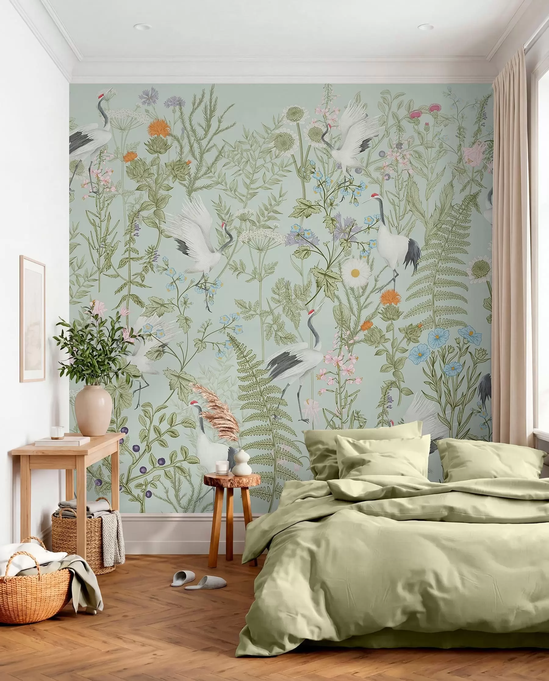 Papier peint photo Ornement de fleurs avec oiseaux, style rustique, botanique, prairie, fond bleu w00380v4