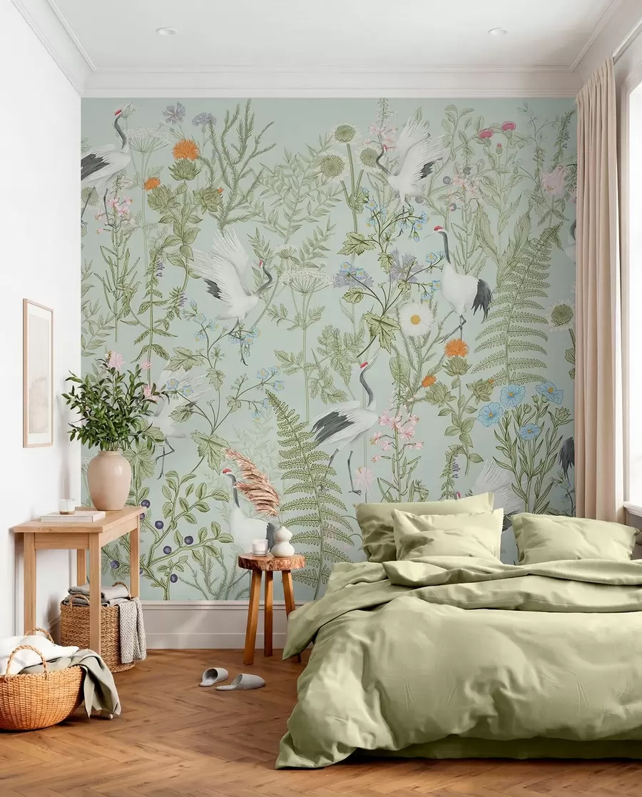 Papier peint photo Ornement de fleurs avec oiseaux, style rustique, botanique, prairie, fond bleu w00380v4