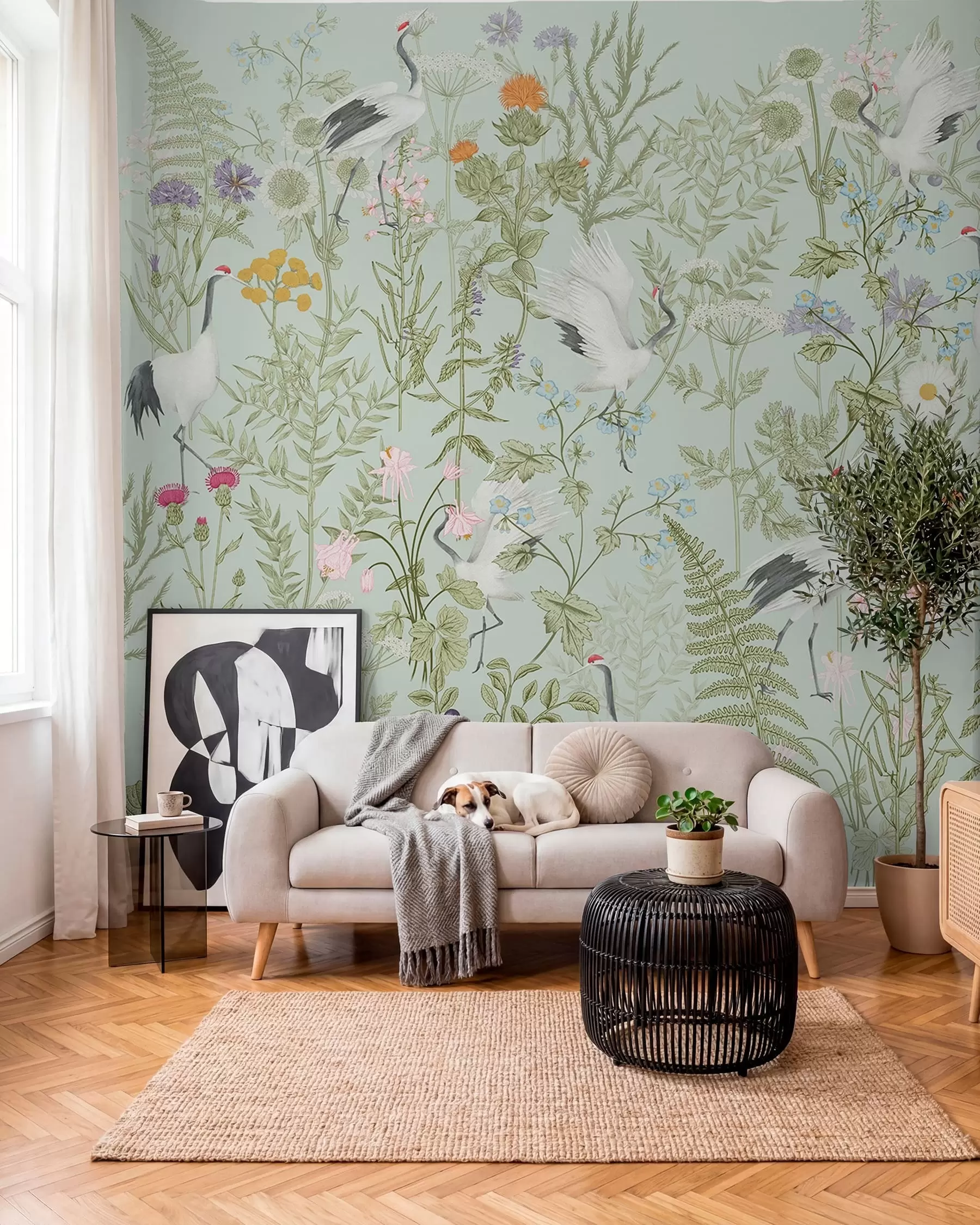 Fotobehang Bloemen ornament met vogels, rustieke stijl, botanisch, weide, blauwe achtergrond w00380v4