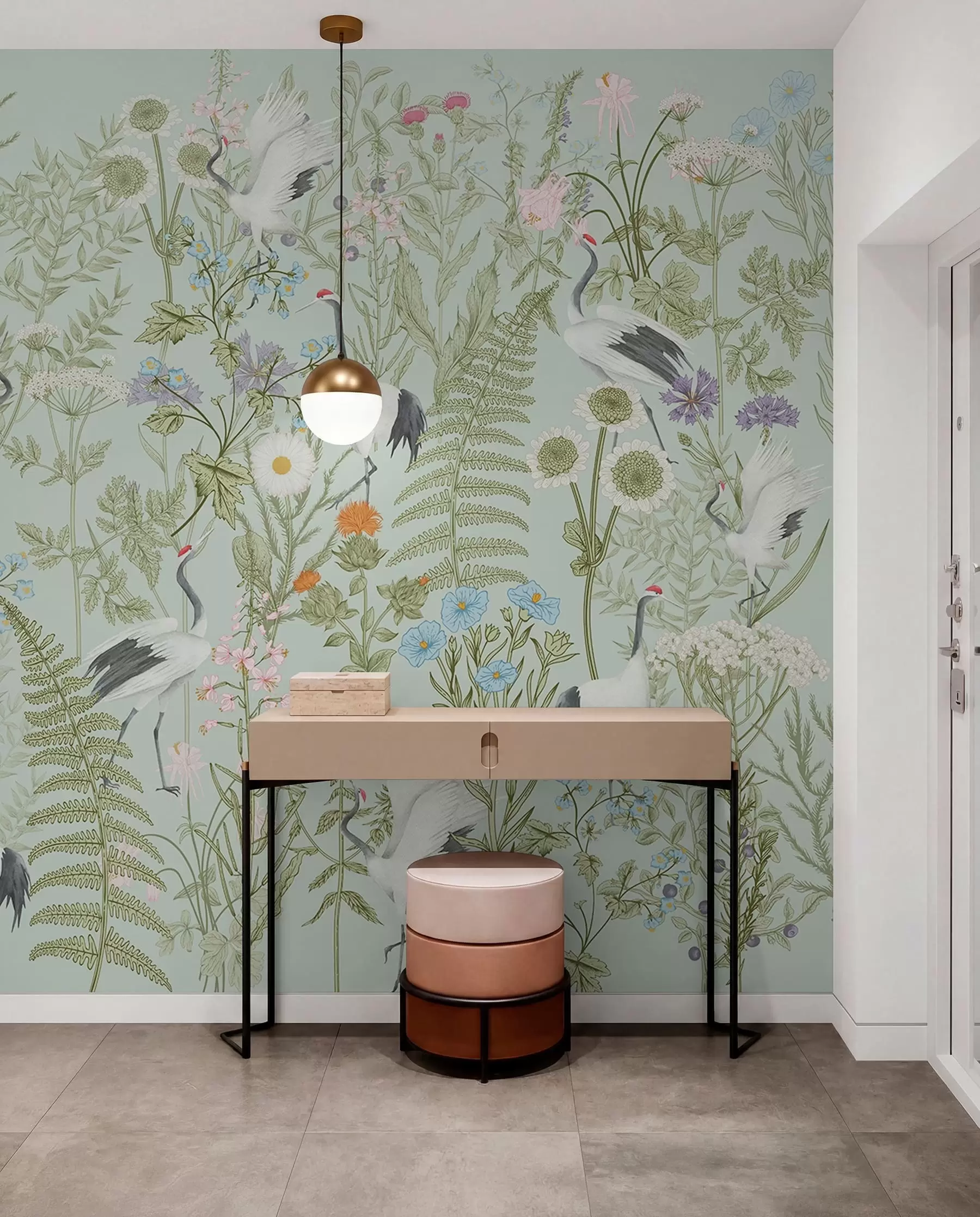 Fotobehang Bloemen ornament met vogels, rustieke stijl, botanisch, weide, blauwe achtergrond w00380v4