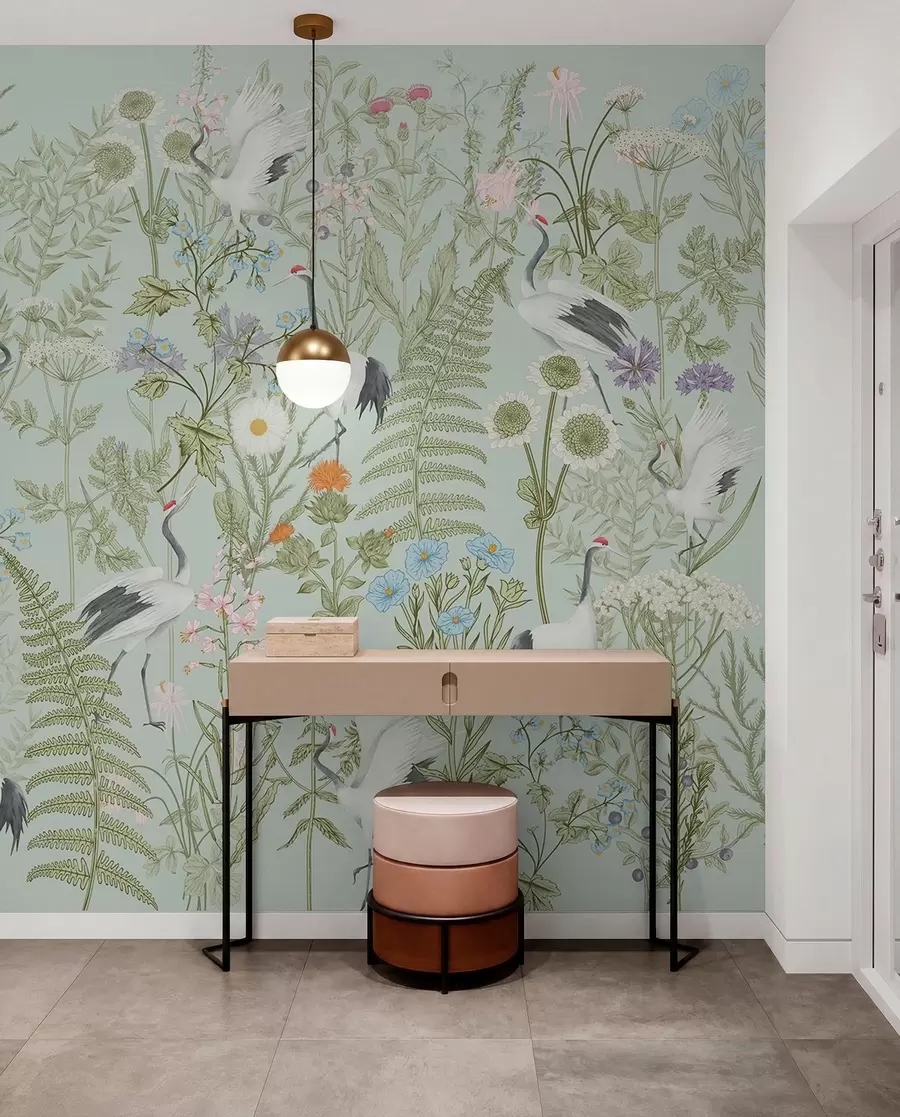Fotobehang Bloemen ornament met vogels, rustieke stijl, botanisch, weide, blauwe achtergrond w00380v4