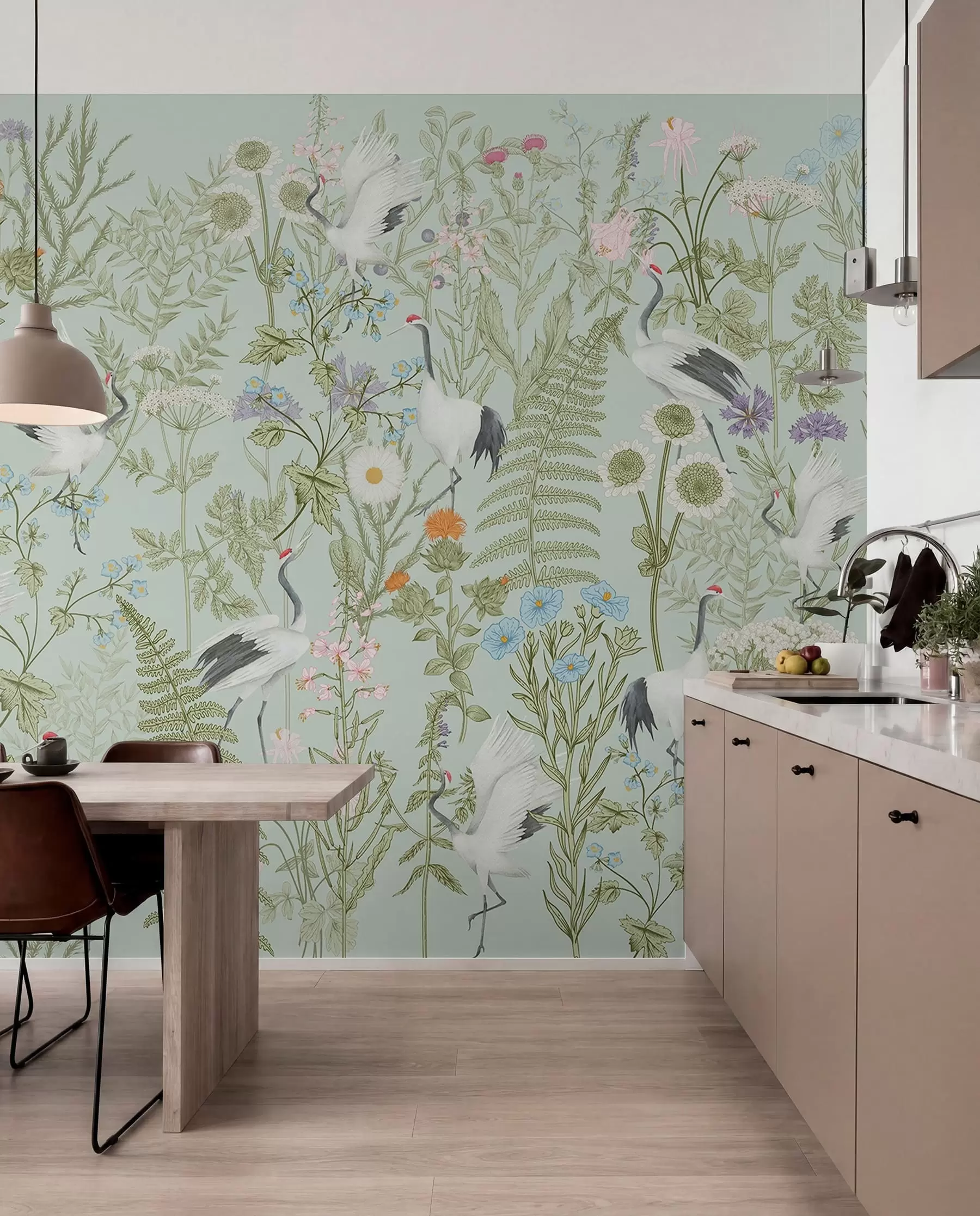 Papier peint photo Ornement de fleurs avec oiseaux, style rustique, botanique, prairie, fond bleu w00380v4