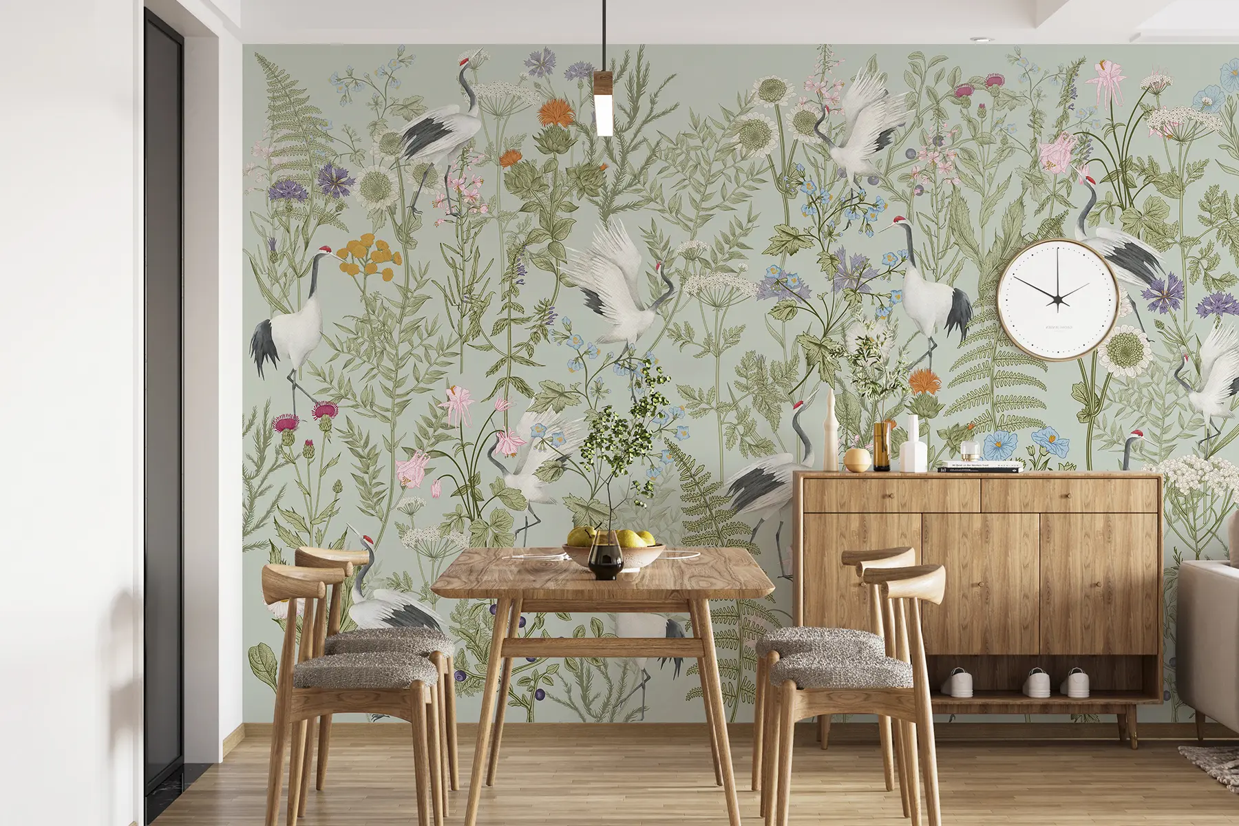 Papier peint photo Ornement de fleurs avec oiseaux, style rustique, botanique, prairie, fond bleu w00380v4