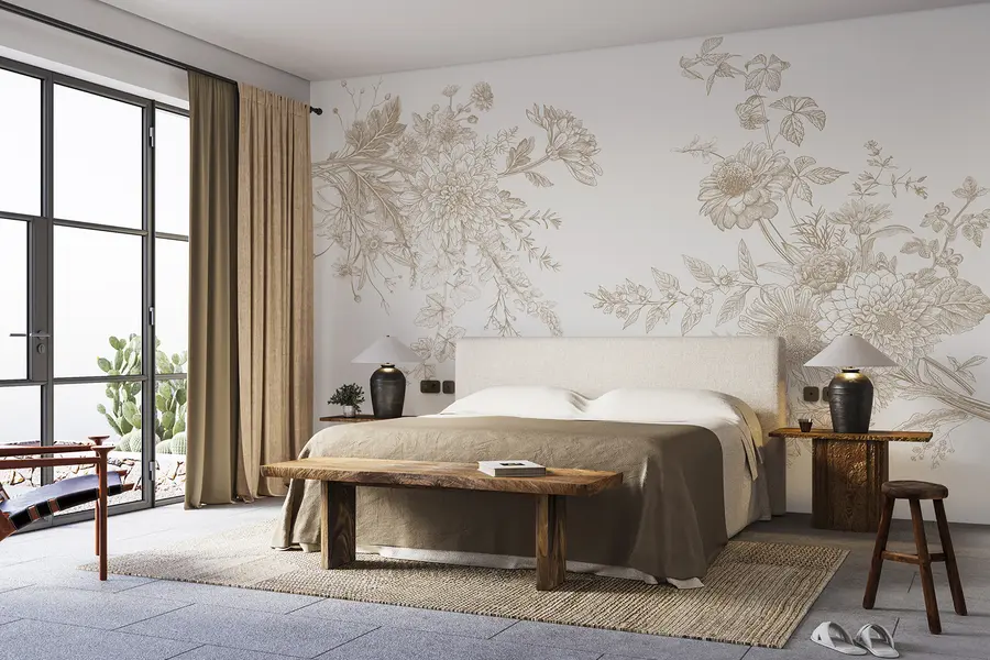 Fotobehang Bloemen ornament, minimalisme, lijn kunst, boho stijl, rustiek, pioen, madeliefje, beige kleuren, weide w00381v4