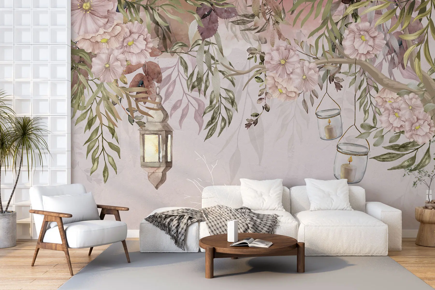 Fotobehang Fijne bloemen en groene takken die naar beneden hangen w00384