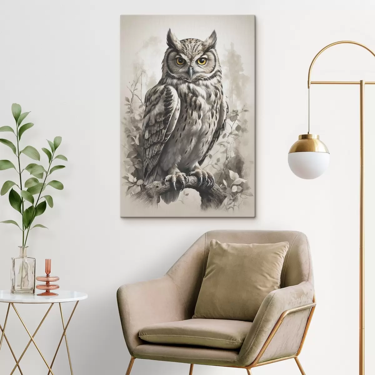  Schilderijen Uil op zwart-witte achtergrond s38118