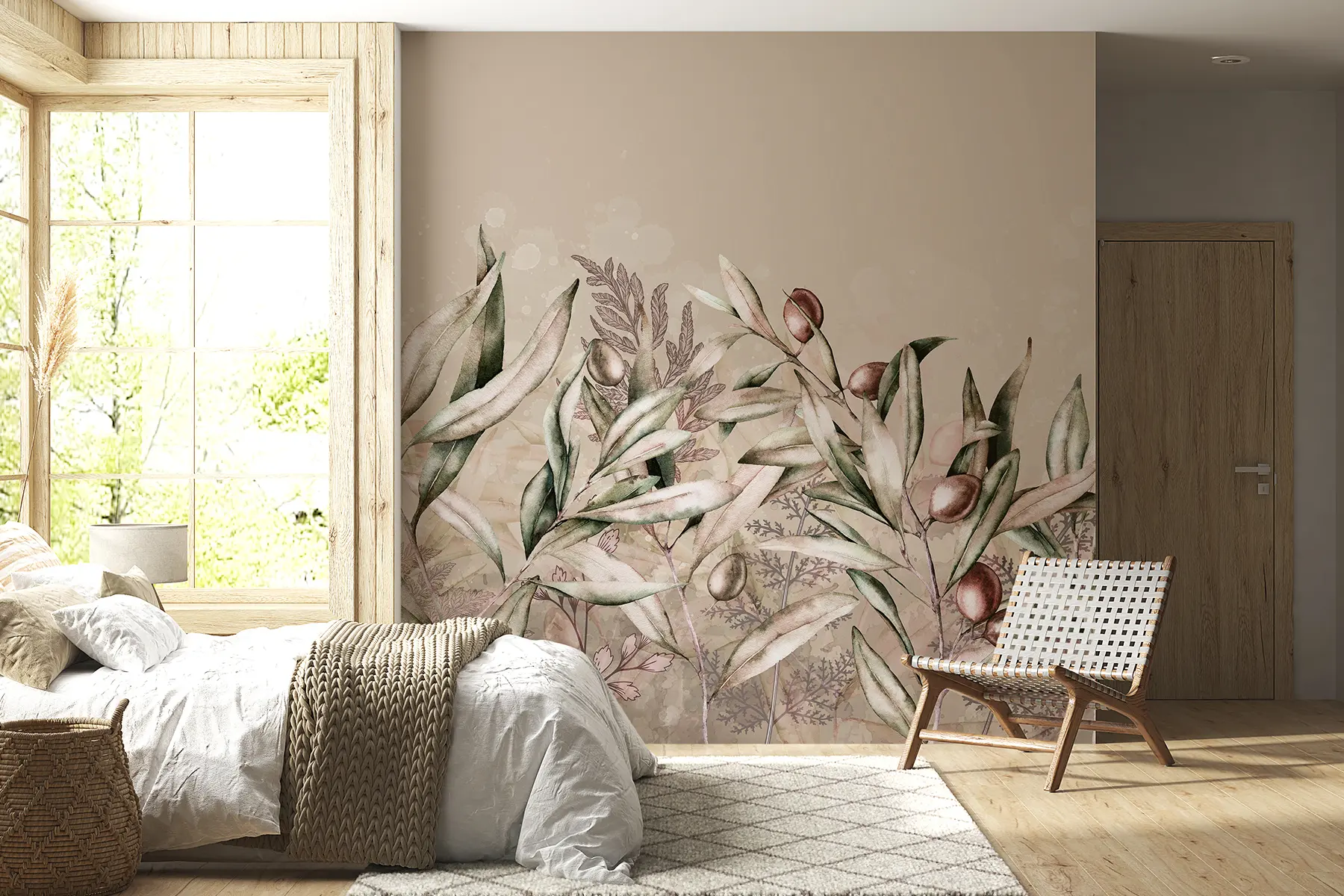 Papier peint photo Illustration d'olives, design floral, tropical, aquarelle, grandes feuilles, couleurs beiges w00407v1