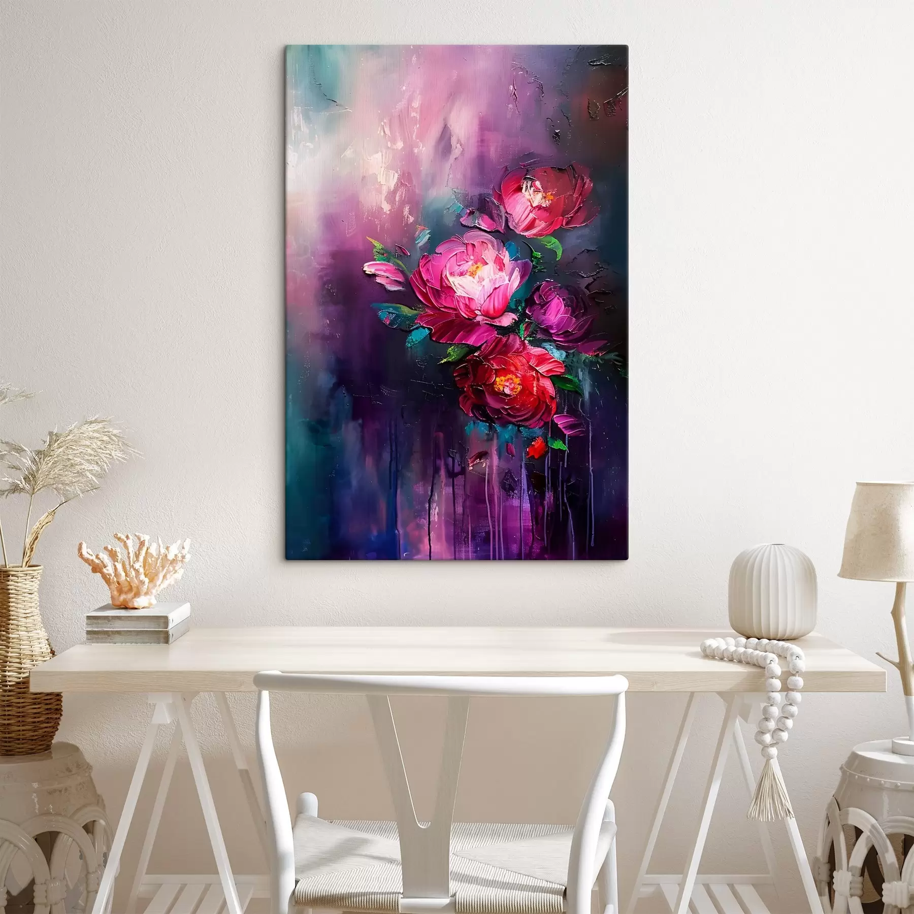 Papier peint photo Peindre des roses, des fleurs épanouies dans un style de peinture à l'huile, sur un fond violet foncé s38108