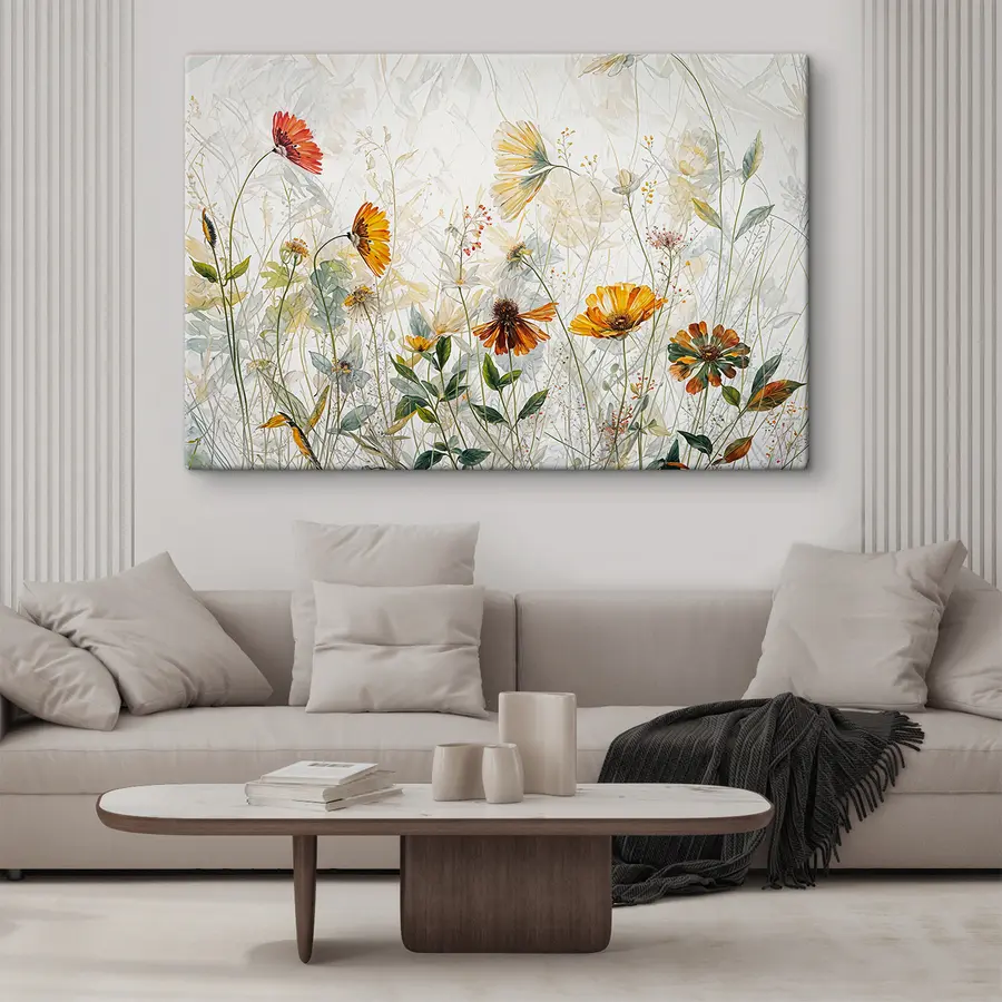 Fotobehang Veld delicate bloemen op witte achtergrond olieverfschilderij s38197