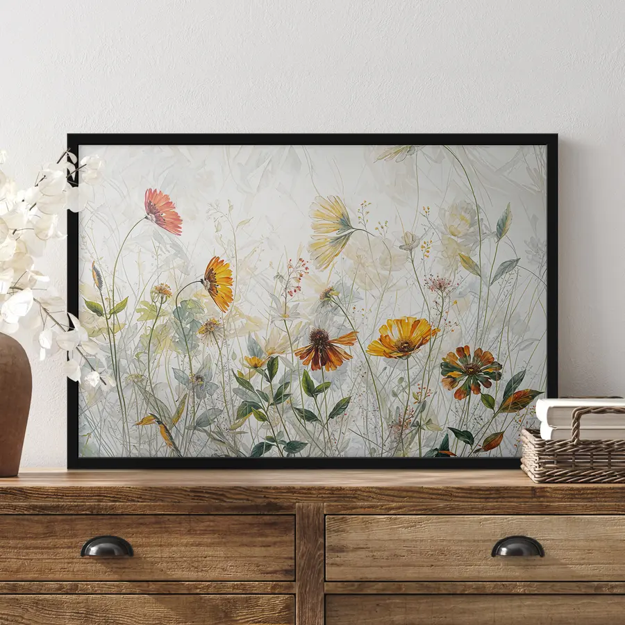 Papier peint photo Fleurs délicates de champ sur la peinture à l'huile de fond blanc f38197