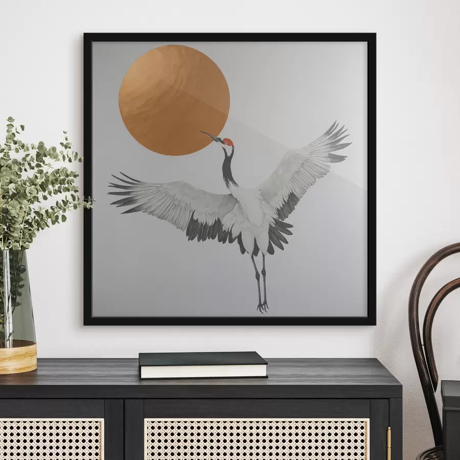 Fotobehang Een kraanvogel vliegt naar de zon f38195