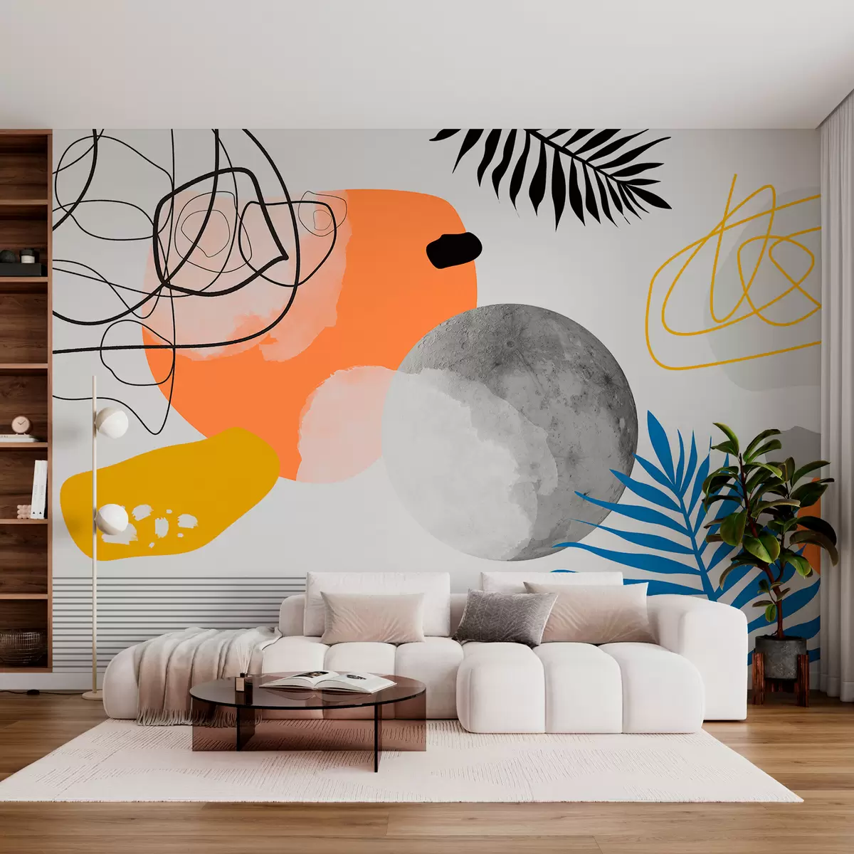 Fotobehang Abstract modern, minimalisme, boho, geometrie, aquarelvlekken, volle maan, palmbladsilhouet, topografie, ingewikkeldheid, oranje, geel, grijs w00508