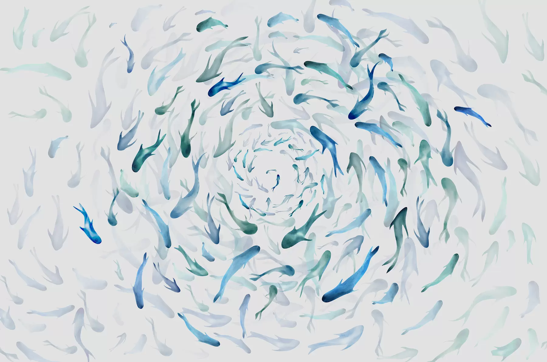 Fotobehang Vissen wervelen in een draaikolk, vissendans, aquarel, haai, abstracte compositie, minimalisme, blauwe, groene kleur w00510