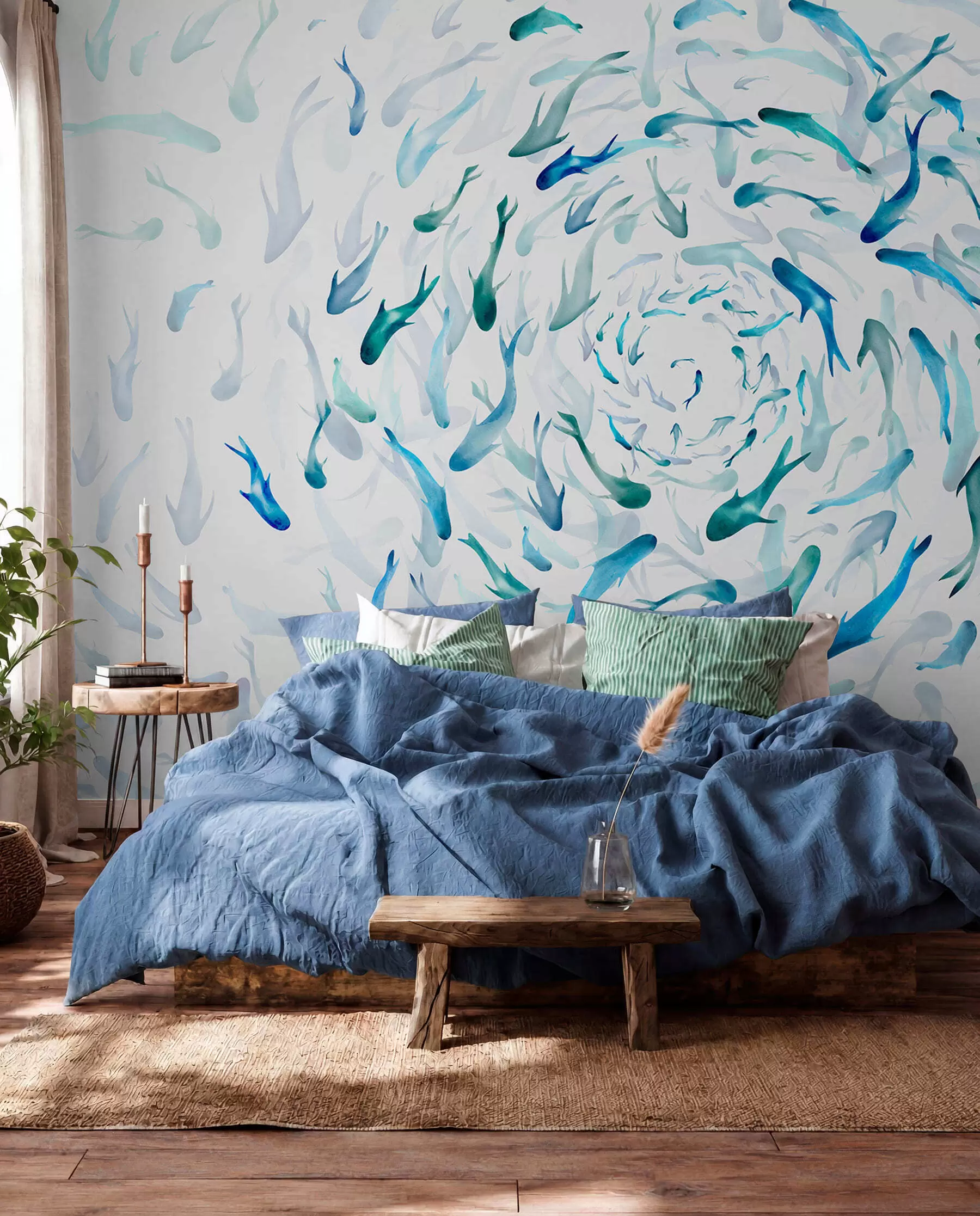 Papier peint photo Poisson tourbillonnant dans un bain à remous, danse du poisson, aquarelle, requin, composition abstraite, minimalisme, bleu, couleur verte w00510