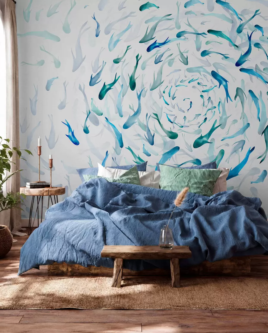 Papier peint photo Poisson tourbillonnant dans un bain à remous, danse du poisson, aquarelle, requin, composition abstraite, minimalisme, bleu, couleur verte w00510