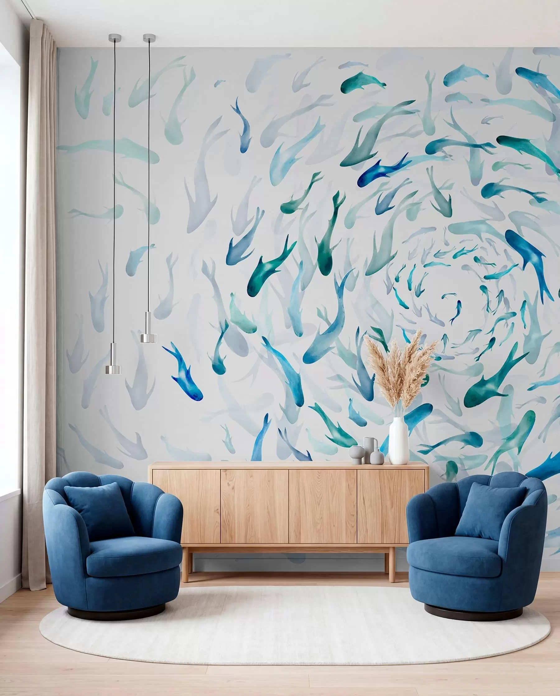 Fotobehang Vissen wervelen in een draaikolk, vissendans, aquarel, haai, abstracte compositie, minimalisme, blauwe, groene kleur w00510