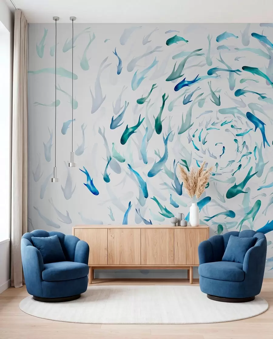 Fotobehang Vissen wervelen in een draaikolk, vissendans, aquarel, haai, abstracte compositie, minimalisme, blauwe, groene kleur w00510