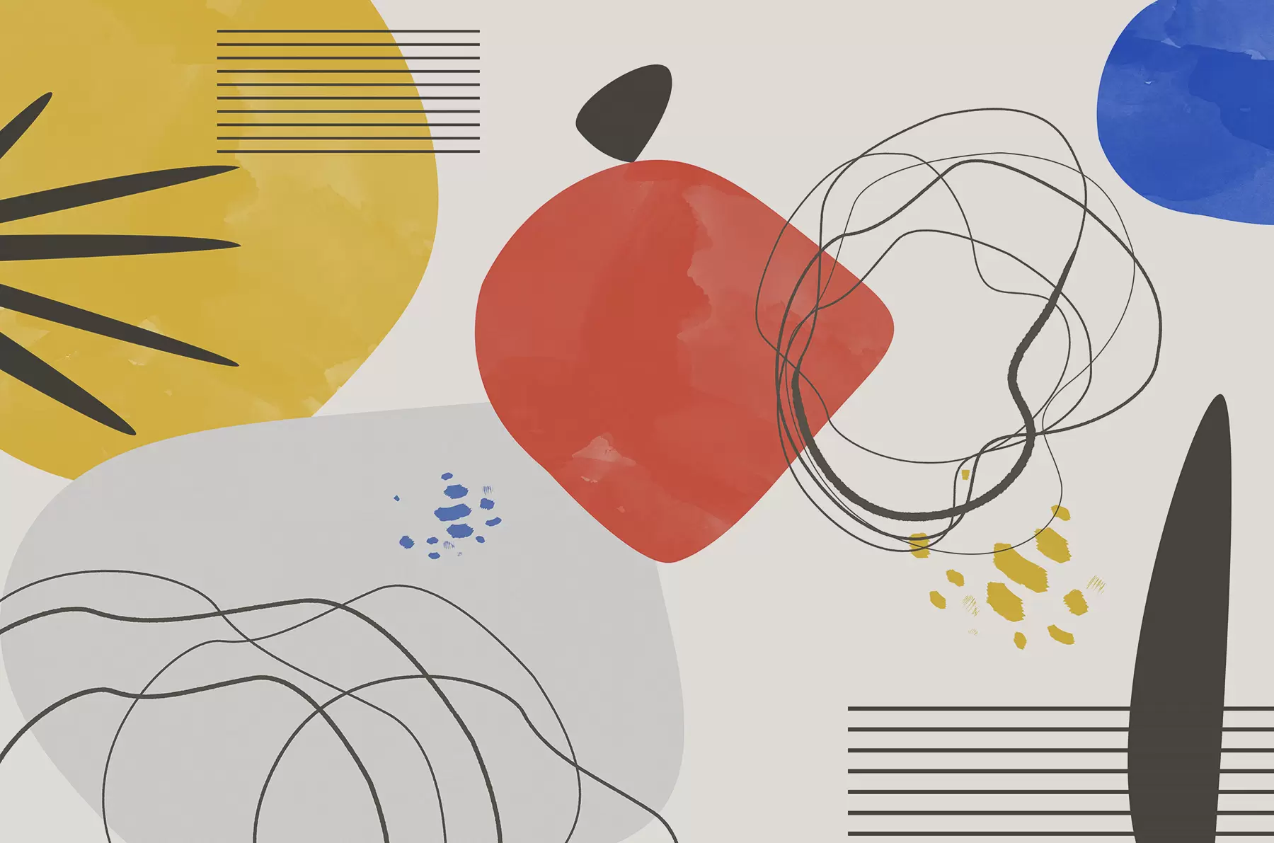 Fotobehang Modern abstractie, lichtpuntje, boho, geometrie, topografie, curven, lijnen, rood, geel, blauw, zwart w00514