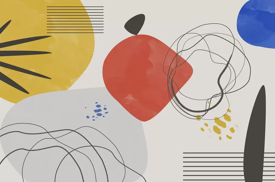 Papier peint photo Abstraction moderne, point lumineux, bohème, géométrie, topographie, courbes, lignes, rouge, jaune, bleu, noir w00514