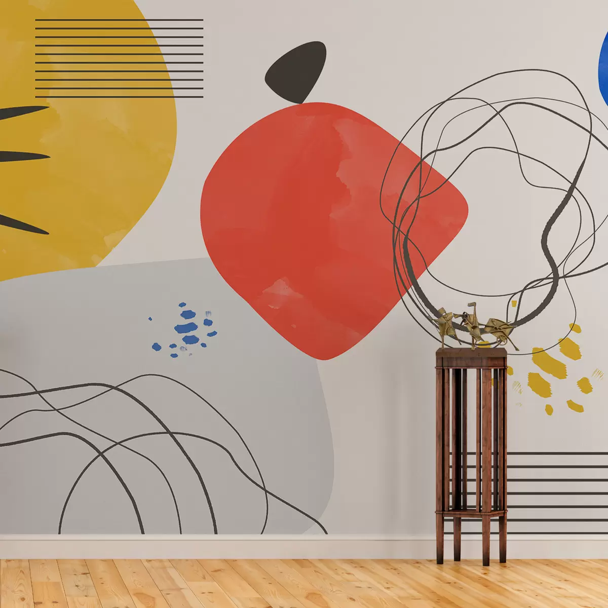 Fotobehang Modern abstractie, lichtpuntje, boho, geometrie, topografie, curven, lijnen, rood, geel, blauw, zwart w00514