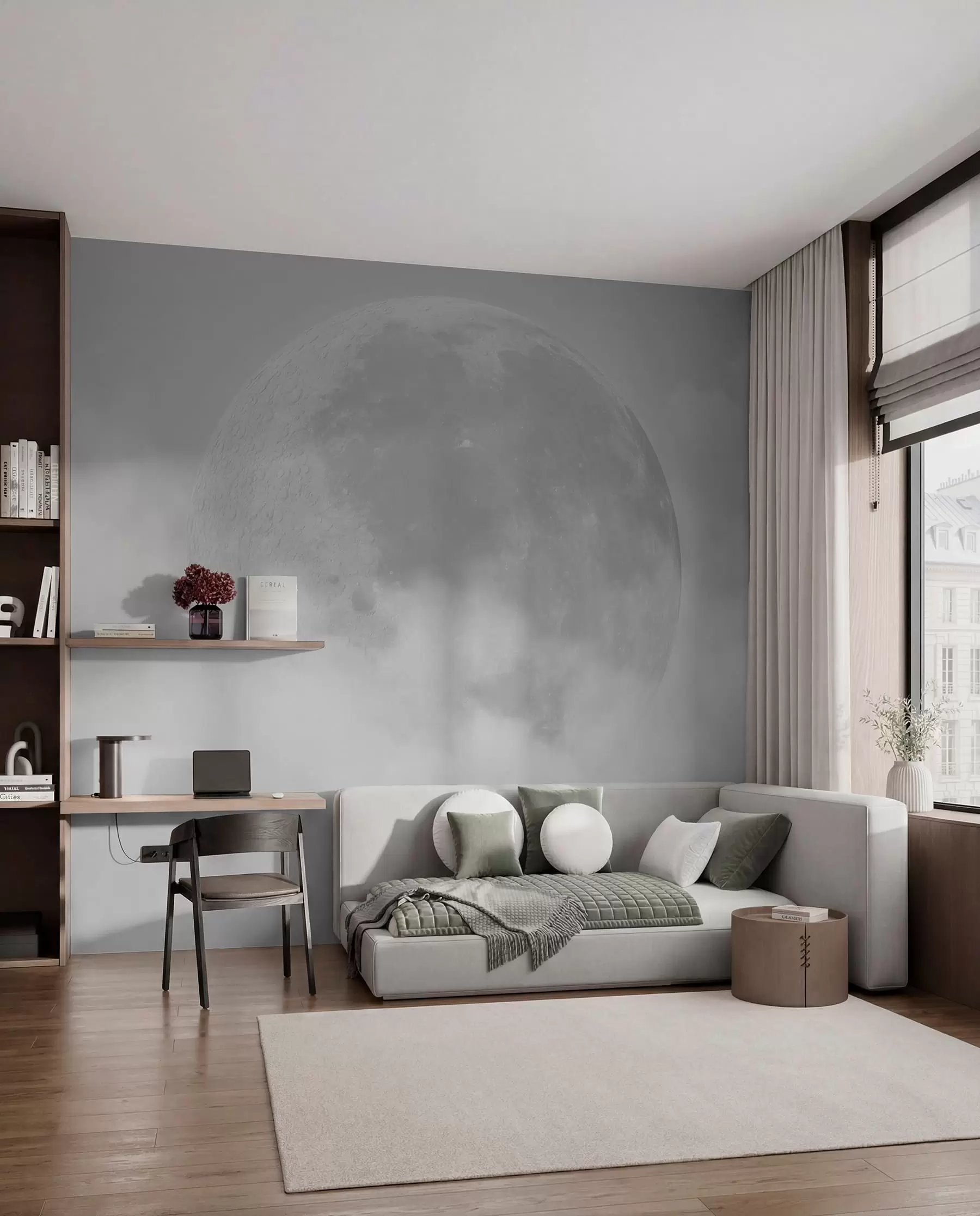 Papier peint photo Grande lune parmi les nuages de style loft de couleur grise w00548v1