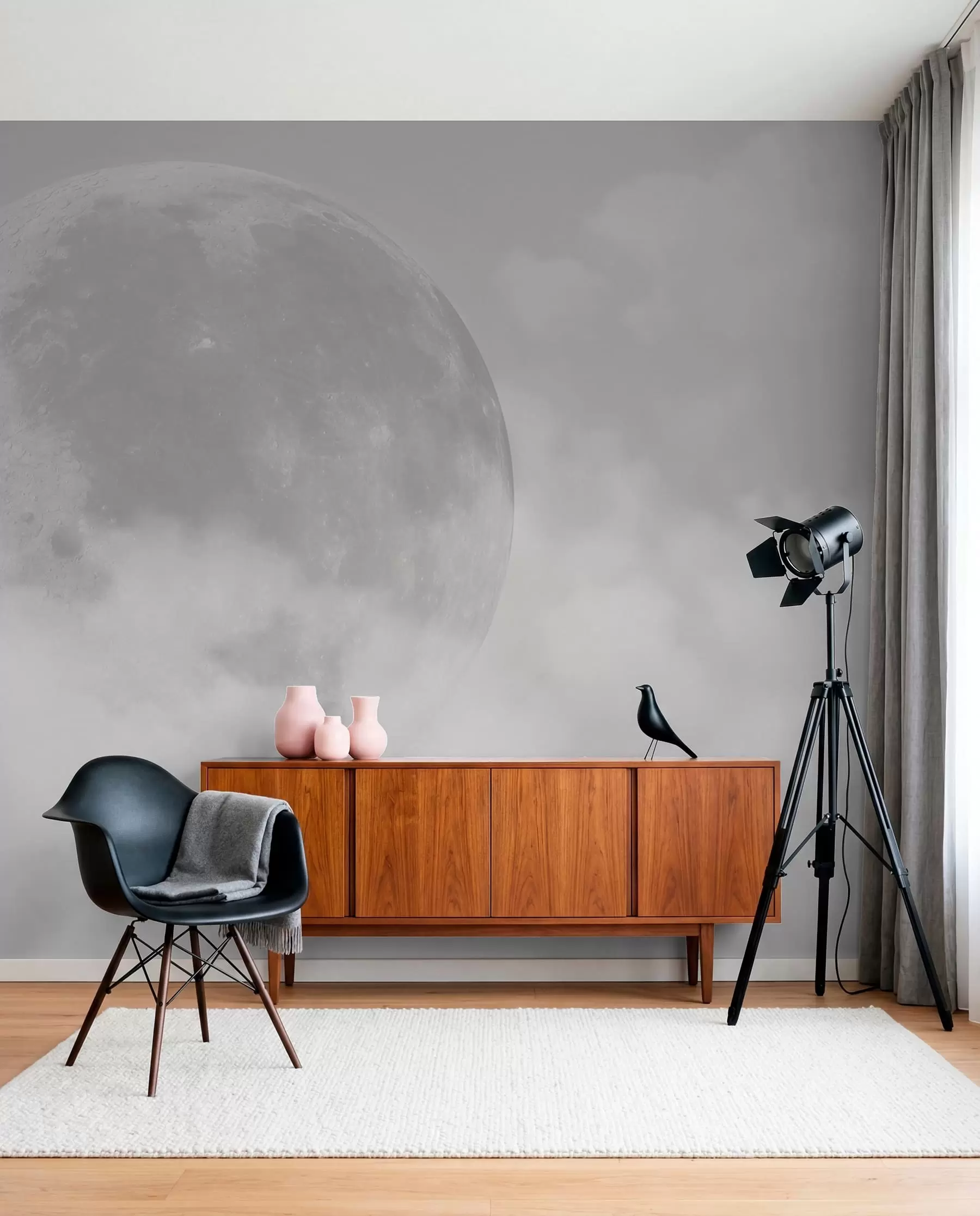 Fotobehang Grote maan tussen de wolken van grijze kleur loftstijl w00548v1