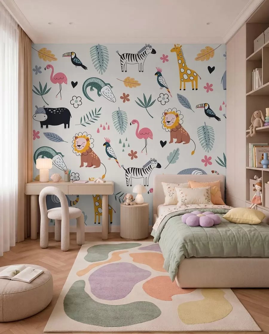 Fotobehang dieren, leeuwen, giraffen, olifanten, bladeren, babykamer w00555