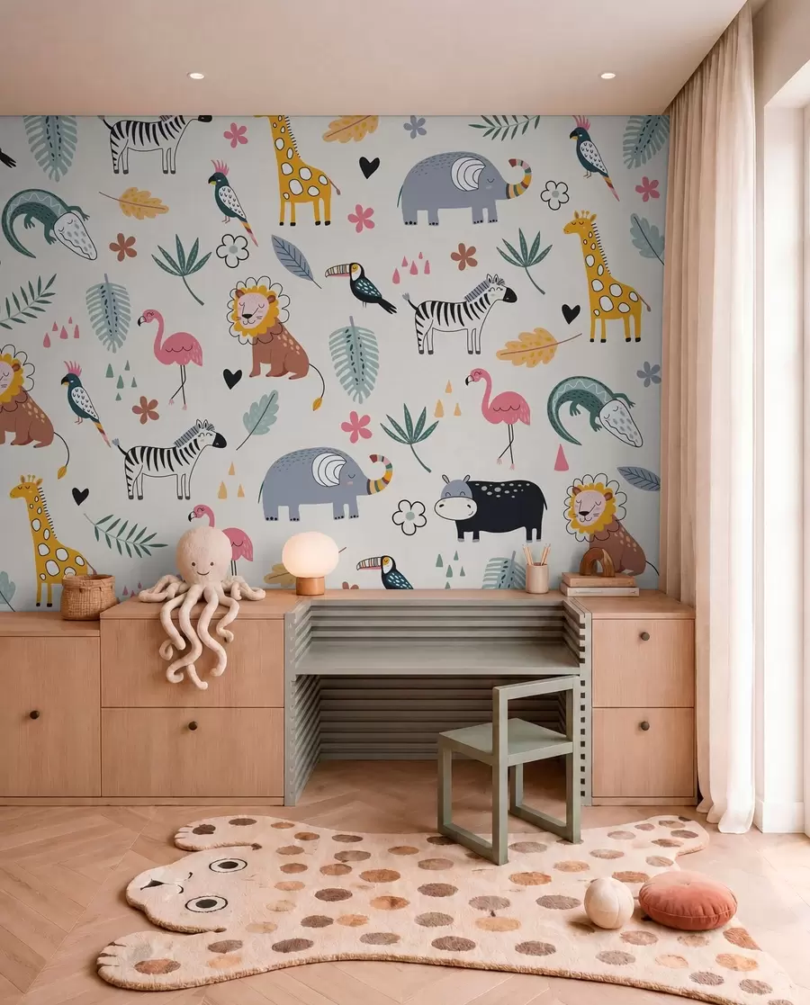 Fotobehang dieren, leeuwen, giraffen, olifanten, bladeren, babykamer w00555