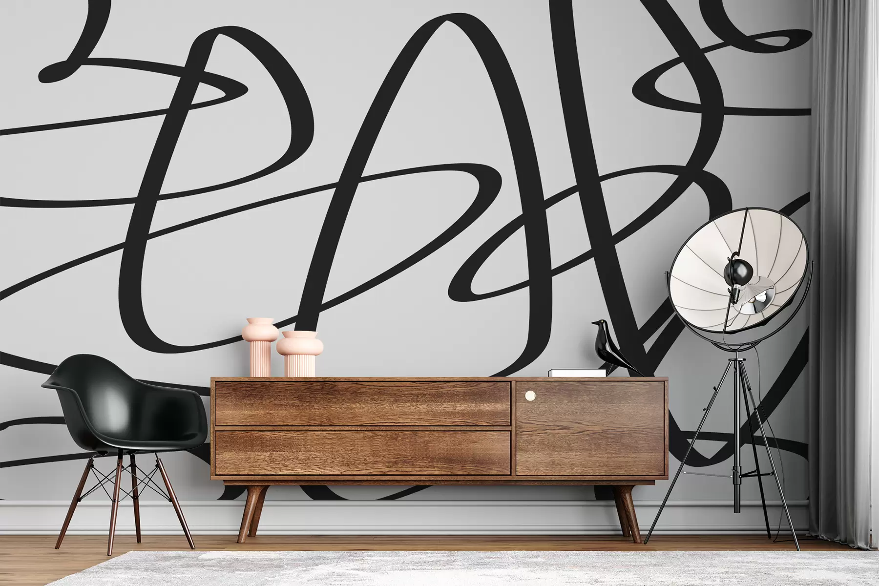 Papier peint photo Ligne torsadée continue de courbe noire, encre, résumé w00583