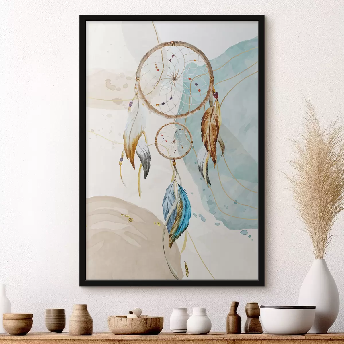 Poster aquarel, dromenvanger, veren, pastel f38330