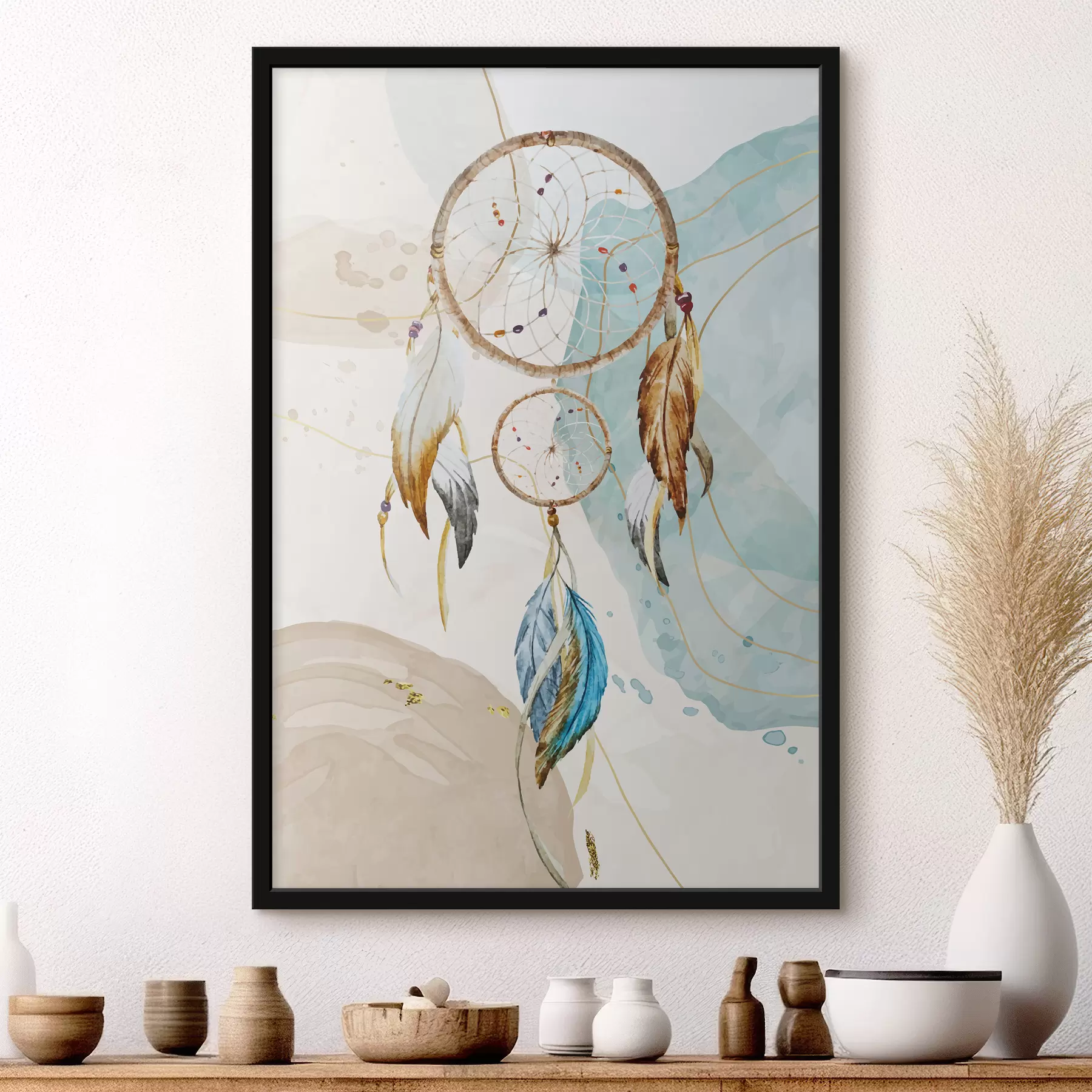  Schilderijen aquarel, dromenvanger, veren, pastel f38330