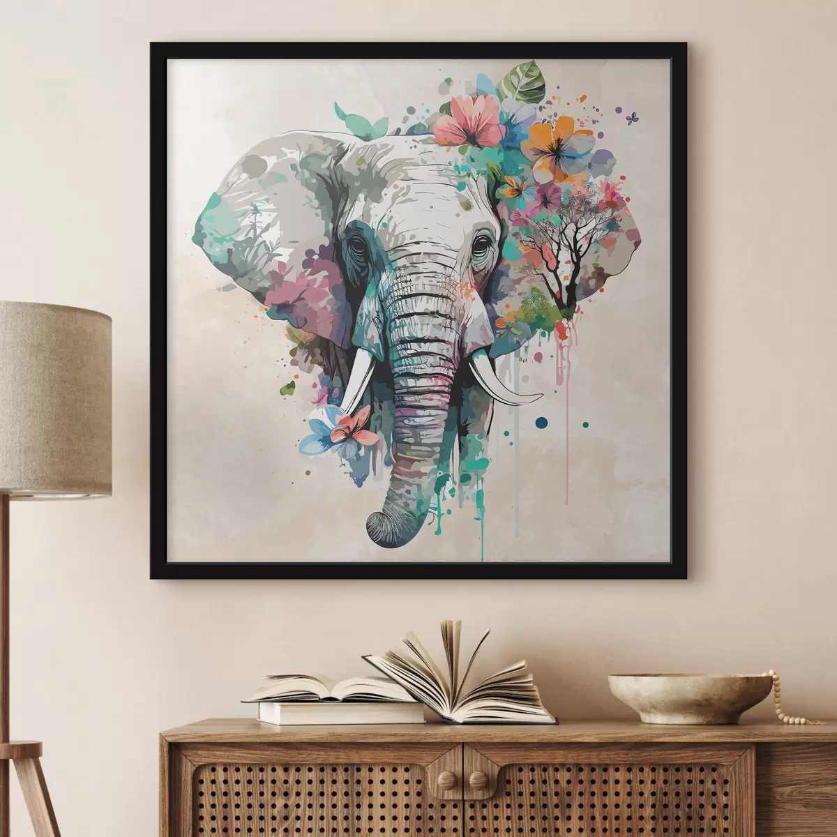 Affiche éléphant en fleurs, taches de peinture f38333