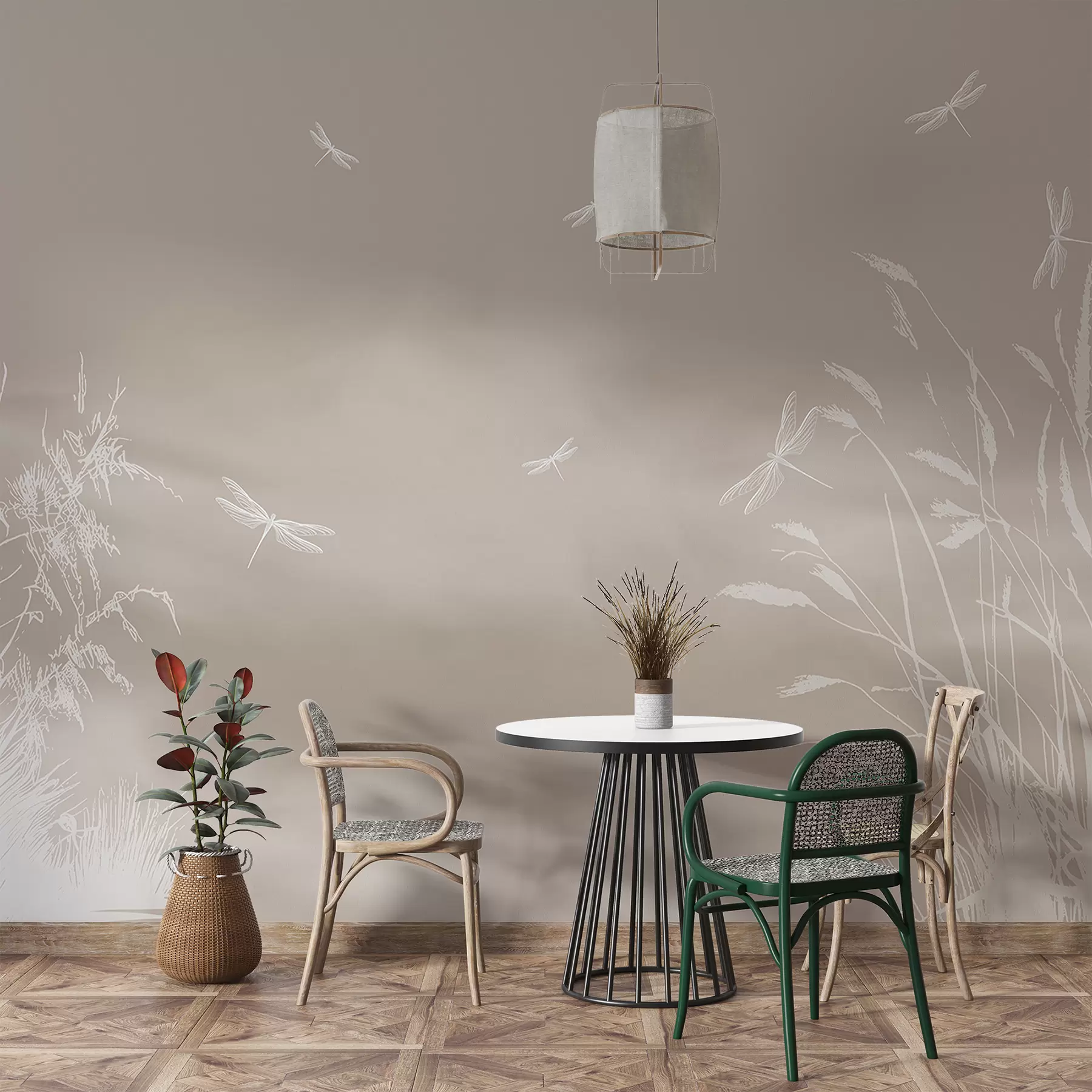 Fotobehang Silhouet van riet en libellen op bruine achtergrond w00558