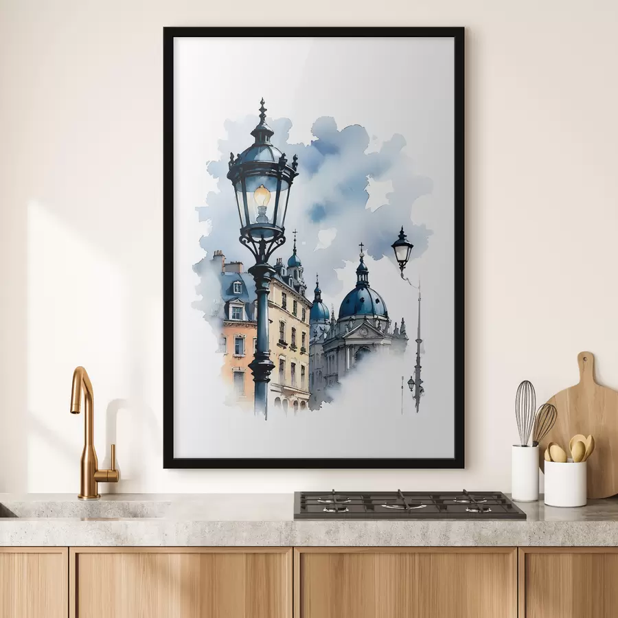 Papier peint photo Un lampadaire orné d'un bâtiment en forme de dôme par temps nuageux f38364