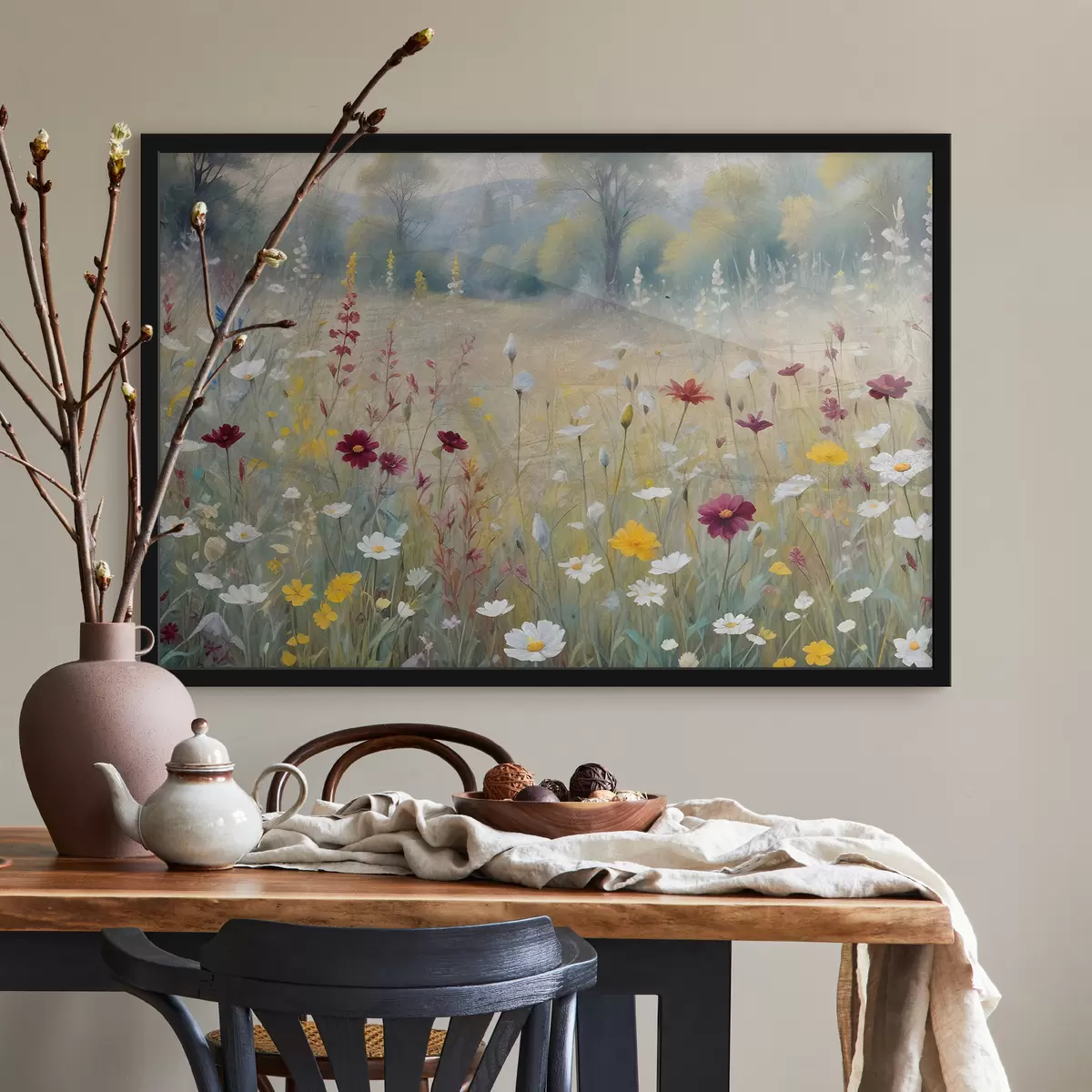 Affiche Une prairie colorée avec des fleurs sauvages avec une forêt floue en arrière-plan f38368