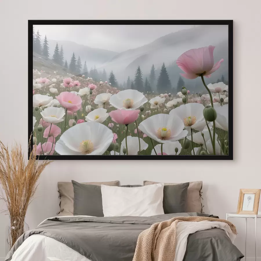 Fotobehang Een veld met roze en witte klaprozen in het berglandschap op de achtergrond f38369