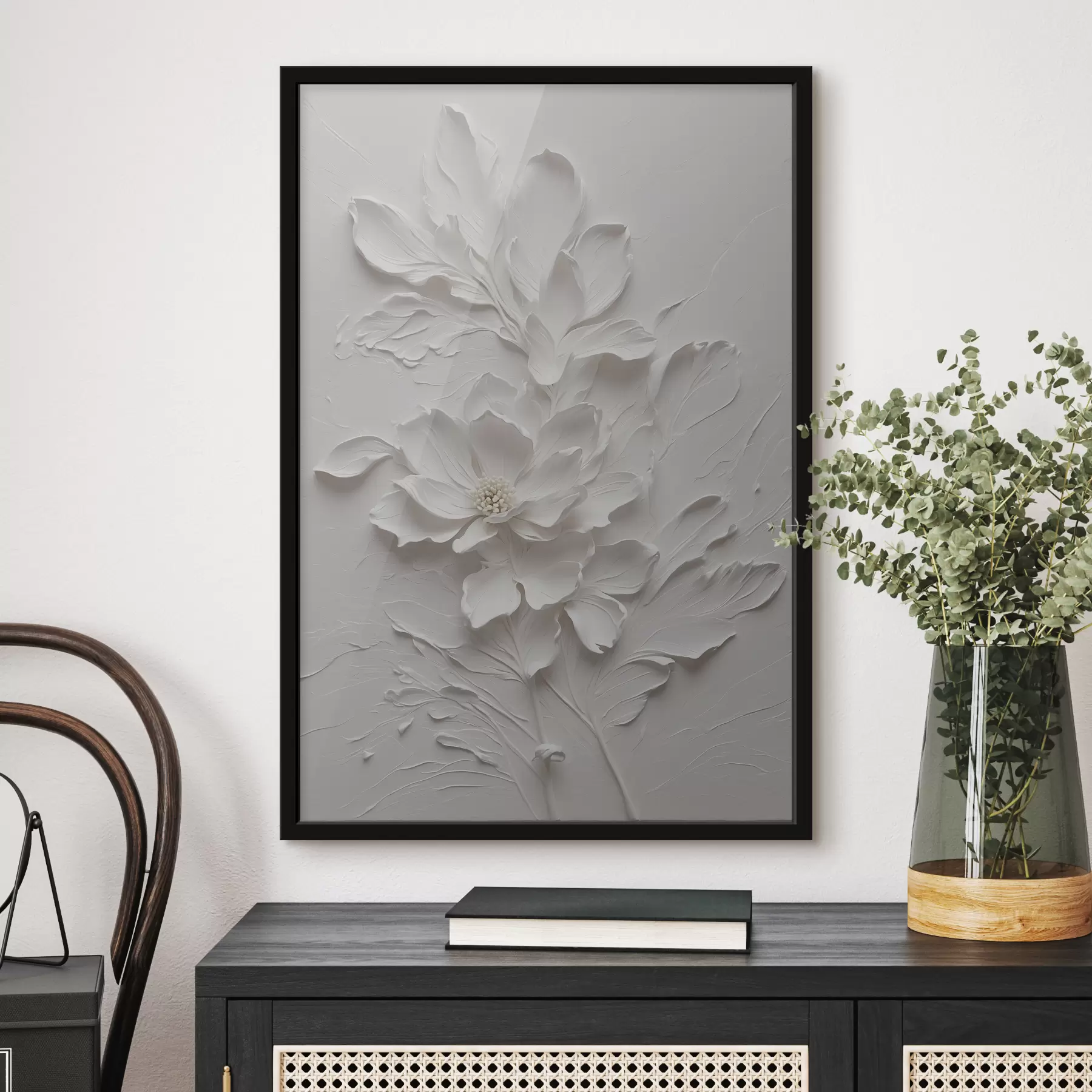 Fotobehang Witte bloem op witte achtergrond in olie f38305