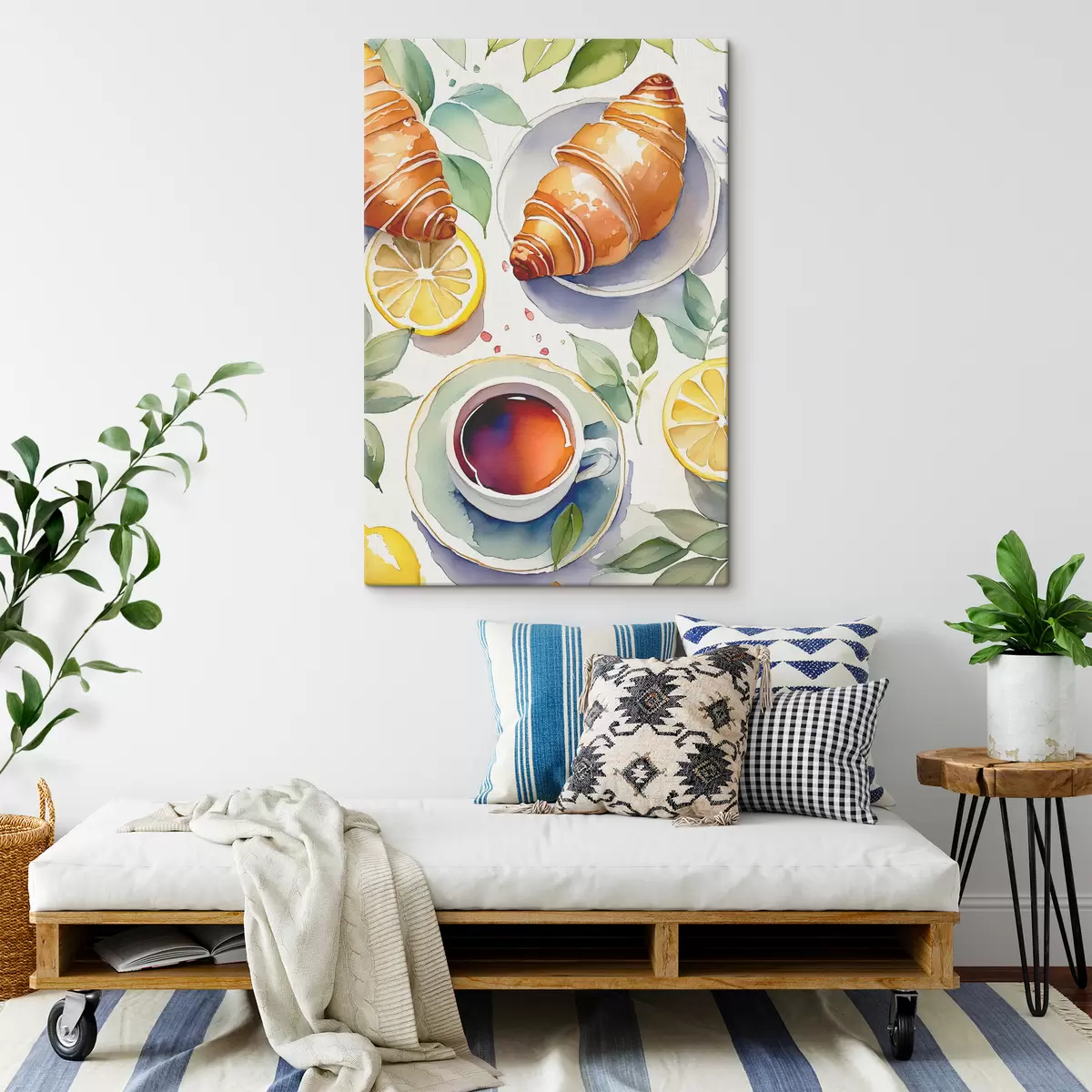  Peintures Aquarelle croissant, tasse de thé, petit déjeuner, citrons, style rustique s38389