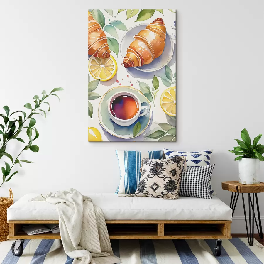  Schilderijen Croissant aquarel, kopje thee, ontbijt, citroenen, rustieke stijl s38389