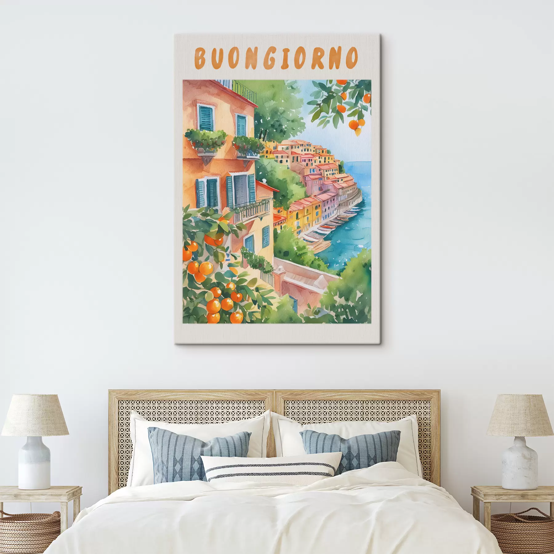  Schilderijen Italiaanse stadsarchitectuur, Amalfi Zeekust, zomer, aquarel, citroenboom s38393