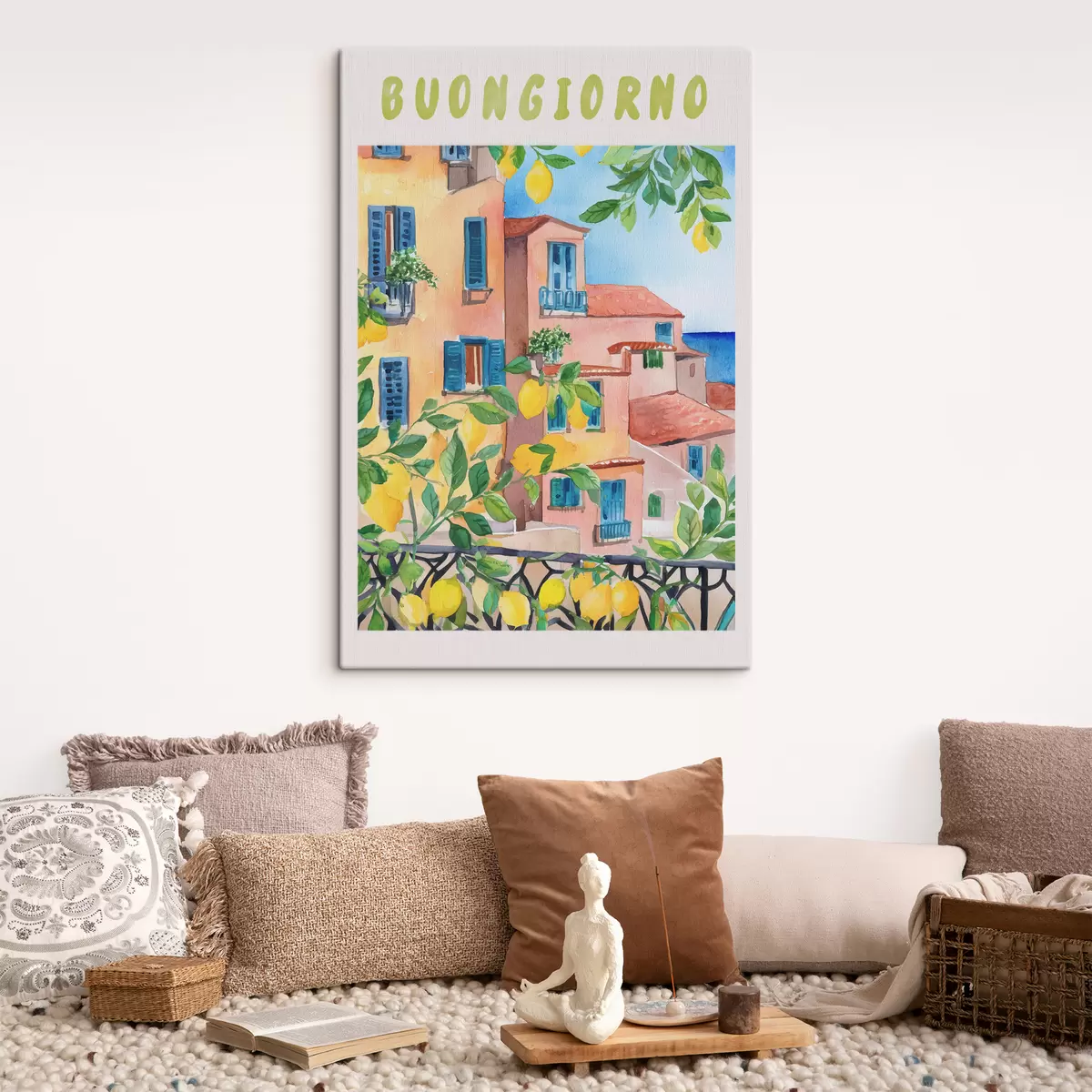  Schilderijen Italiaanse stadsarchitectuur, zeekust, zomer, aquarel, citroenboom s38395