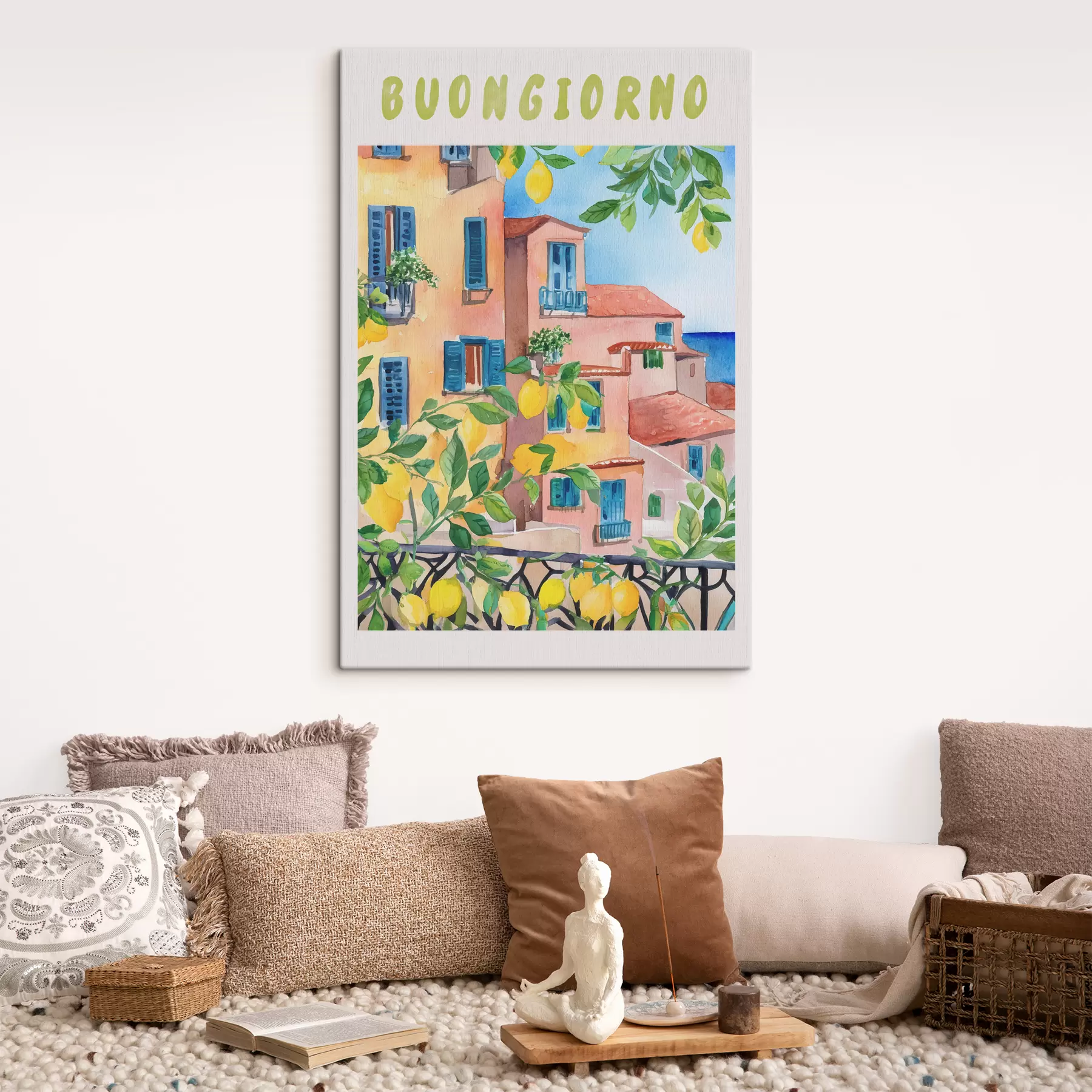 Papier peint photo Architecture de la ville italienne, côte de la mer, été, aquarelle, citronnier s38395