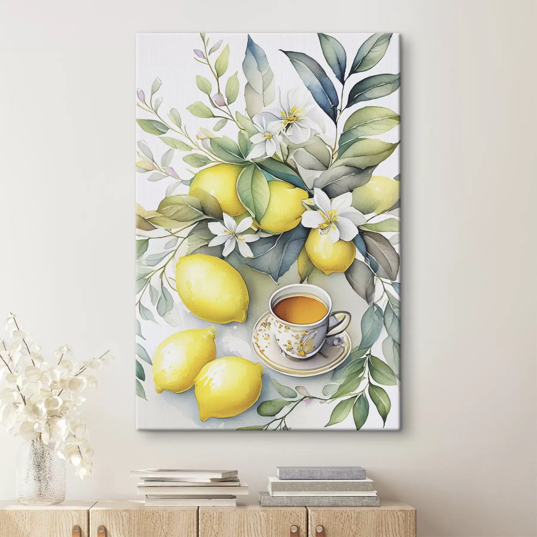  Peintures Citrons et fleurs, aquarelle, petit déjeuner, tasse de thé, style bohème s38403