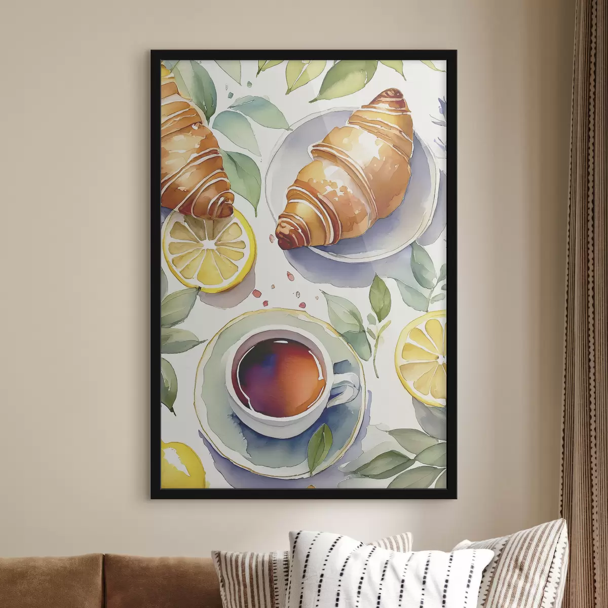 Poster Croissant aquarel, kopje thee, ontbijt, citroenen, rustieke stijl f38389