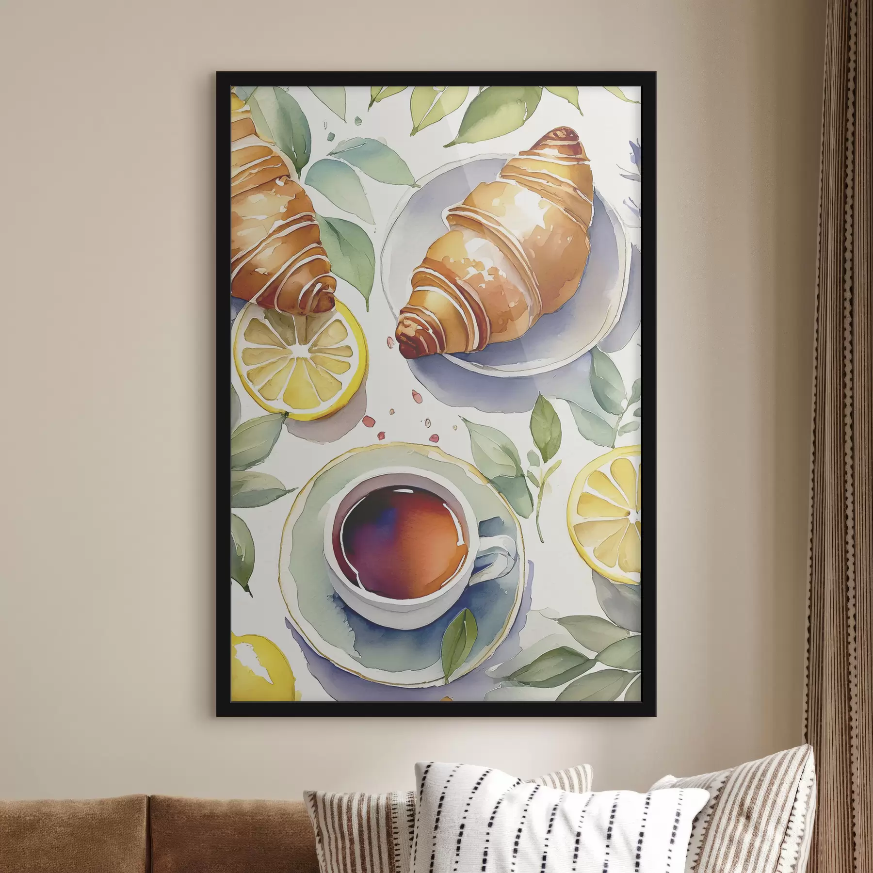 Papier peint photo Aquarelle croissant, tasse de thé, petit déjeuner, citrons, style rustique f38389