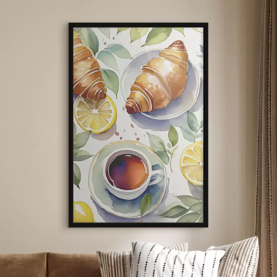 Fotobehang Croissant aquarel, kopje thee, ontbijt, citroenen, rustieke stijl f38389