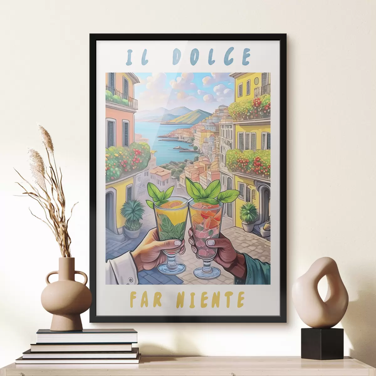 Affiche Ville italienne, côte maritime, cocktails, vocation, architecture, été, aquarelle f38392